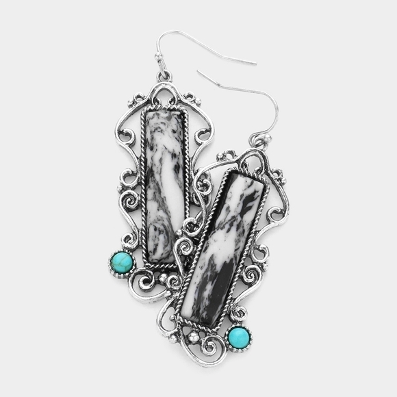 NEW Boho Howlite Turquoise Stone Rectangular Dangle Earrings White Black Marble - Picture 1 of 8